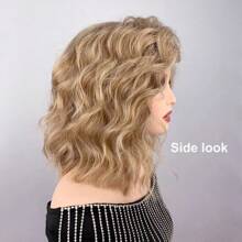 Mid-Length Ombre Golden Wavy Curly Wig, Women's Natural Curly Hairstyle, High-Temperature Silk Synthetic Fiber, Rose Net Cap, Natural Appearance, Suitable For Daily Wear And Parties, Short Hair Wig - Multicolor - View 4