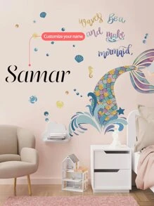 1 Stück Meerjungfrauenschwanz, Seetang, Cartoon Wandtattoo, anpassbarer Text Wandaufkleber, erstelle deinen Signaturstil & personalisieren Raum, Schlafzimmer Wohnzimmer Dekor Zuhause abziehbar, Material: PVC