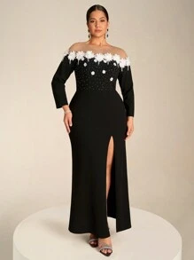 Fuaheng Plus Size Off The Shoulder Long Sleeve Luxury 3D Floral Decor Waist Ruffle Hem Split Elegant Evening Party Dress, Wedding Guest Dress, Formal Dress,Gown - Black - View 4