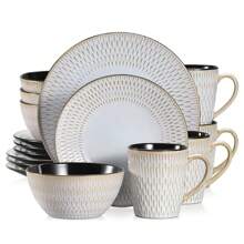 vancasso 16 Piece Dinnerware, Grey, Ceramic Tableware Set Including Plates, Desserts, Bowls, Mugs, Bas-Relief, Service For  4 People - Grey - View 1