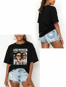 Impression personnalisable de photos et de texte, autoportrait/amant/famille/ami/photos d'animaux de compagnie personnalisées et messages de bénédiction, conception pour la Saint-Valentin/anniversaire/Nouvel An/fête d'anniversaire, t-shirts noirs, t-shirt ample à manches courtes pour femmes, tenue d'automne, vêtements printemps-été, hauts pour femmes, cadeau de la Saint-Valentin, festival de musique, cadeau pour la meilleure amie, ornemental, unique, personnalisé, cadeaux idéaux pour elle, famille, amis, filles roses, pour les vacances, pour les anniversaires, hauts pour femmes personnalisés, nouveau style d'automne pour femmes, automne chic, style de rue décontracté - Noir - Voir 3