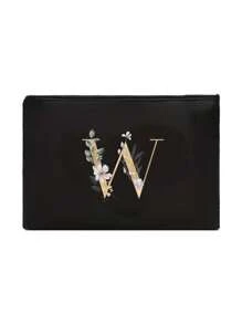 A Black Makeup Bag With The Initials A~Z Printed On It, Featuring A Green Leaf Pattern Print,Cosmetic Bag,Portable Wash Bag,Teacher's Day Gift, Reusable Makeup Bag, Women's Simple And Large Capacity Travel Makeup Bag