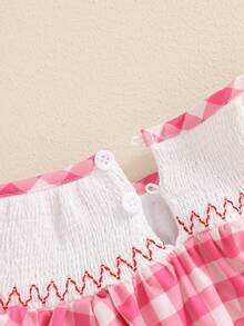 Vestido de Pascua para niñas de 0 a 3 años, con bordado de conejo, cuello redondo, estampado a cuadros, mangas voladoras, corte A - Rosa - Ver 5