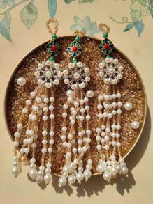 2pcs Handmade White & Gold Faux Pearl, Rhinestone, Tassel Decor Keychain, Phone Case, Purse Charm, Party Accessory, Home Decor, Gift For Friend, Birthday, Anniversary
