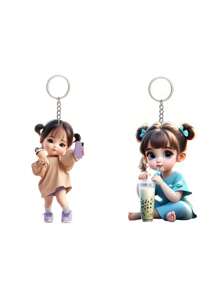 2 Pcs/1pc Cute 2D Acrylic Girl Keychain, New Style, Charming Keychain Accessory, Suitable For Bags And Wallets Car Keychain.Waterproof, Scratch Resistant, Burr Free, Clean Trimming Car Accessories Bag Charm School Cartoon - Multicolor - View 15
