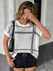 Knit Mix Loose Casual Women Pullover Sweater, Plaid Pattern Round Neck Oversized Knitted Top, Commuting Style (Random Stripes) - White - View 7