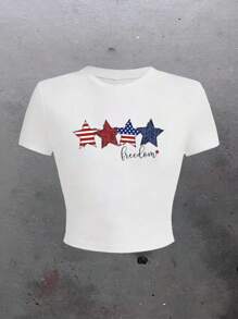 Graphic Printed Short T-Shirt, Y2K Spring And Summer Short-Sleeved Crop Top, Women's Top - White - View 1