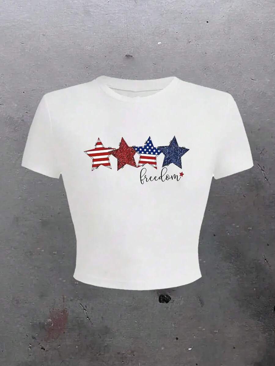 Graphic Printed Short T-Shirt, Y2K Spring And Summer Short-Sleeved Crop Top, Women's Top - White - View 1