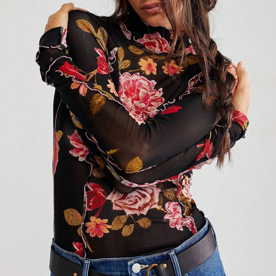 Women's Long Sleeve Mesh Tops See Through Sheer Tee Shirts Mock Neck Floral Print Crop Tops Y2K Layering Top Blouses For Party Club Casual - màu đen - Xem 1