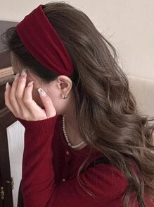 1 件红色简约宽边头带，百搭，优雅，甜美，复古美学，涤纶，适合所有季节