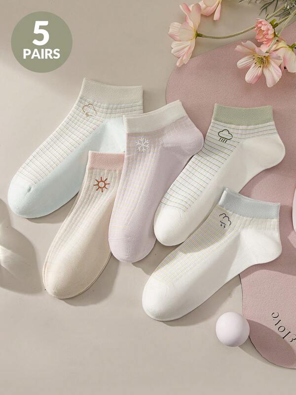 5 pares de meias finas femininas com design de etiqueta climática, cores vivas, adequadas para esportes, casuais, uso diário