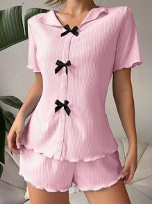 2025 Women Fashion Bow Color Blocking Rib-Knit Short Sleeve Top & Shorts Pajama Set, Suitable For Spring/Summer, Two Pieces Set - Pink - View 5