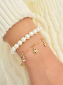 2pcs/Set Pearl Bracelet & Sunflower Bracelet, Bohemian Style Beach Accessories