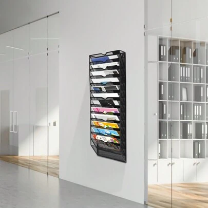 kangten 14 Tier Wall Pocket File Holder A4 Paper Metal Wall Mounted File Storage Rack, Hanging Magazine Storage Rack, Documents Mail Organizer Black File Holder
