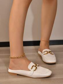 女士纯色一脚蹬平底休闲鞋，女士时尚百搭舒适锁扣平底乐福鞋 - 白色 - 查看 3