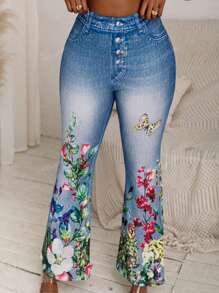 Women's Flared Denim Effect Floral Print High Stretch Pants, Fashionable & Casual