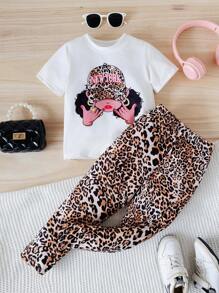 Chatreadl Conjunto de 2 piezas para niñas jóvenes, con camiseta de manga corta con estampado de dibujos animados de moda y pantalones acampanados con estampado de leopardo, adecuado para uso al aire libre en primavera, verano y otoño