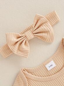 Newborn Baby Girls Rompers Knit Round Neck Long Sleeve Infant Fall Jumpsuits With Headband Coming Home Outfit - 杏色 - 查看 5