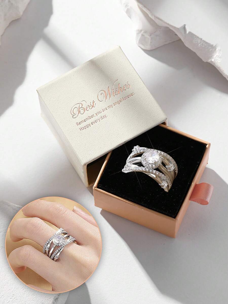 Star Cubic Elegant Rings Gift Box Set, Suitable For Women's Wedding Or Valentine's Day Gift - Silver - View 1