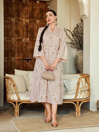Elegant Arabic Style Floral Embroidered V-Neck Dress, Fashion Spring/Summer 2025, RAMADAN, Eid Al Adha