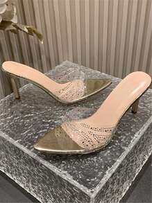 Giày sandal cao gót mũi nhọn đính đá kiểu dáng cổ điển dành cho nữ, thích hợp cho mùa xuân/hè. - Vàng - Xem 4