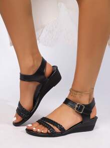 Sandales compensées plates-formes tissées noires à bout ouvert pour femmes Dousin Partin 2025, été - Noir - Voir 2