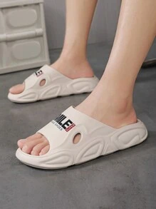 1 双男士纯色时尚字母印花休闲拖鞋，轻质 EVA 材质，适合街头、居家、淋浴，多功能夏季凉鞋 - 米色 - 查看 1