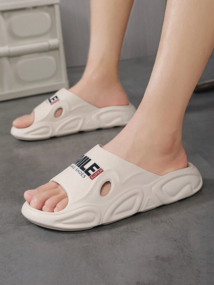 1 双男士纯色时尚字母印花休闲拖鞋，轻质 EVA 材质，适合街头、居家、淋浴，多功能夏季凉鞋 - 米色 - 查看 1