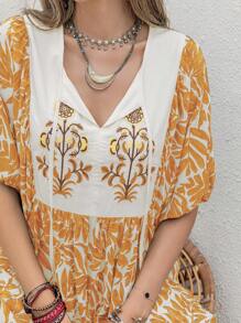 Rusttydustty Czeska kwiatowa haftowana sukienka z wiązaniem, luźna, na plażę, festiwal muzyczny - Musztardowy żółty - Zobacz 6