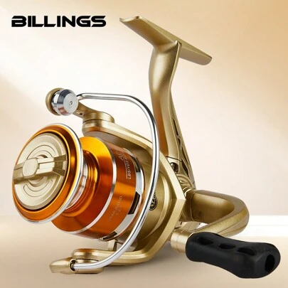 BILLINGS Carrete de pesca giratorio, relación de engranaje 5.2:1 para pesca de agua dulce, arrastre máximo de 10 kg, carrete giratorio de agua salada poderoso con bobina metálica, palanca plegable, manillar intercambiable derecho e izquierdo