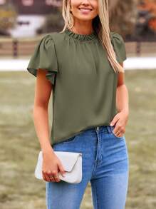 Women's Summer Satin Blouse Shirt Dressy Casual Ruffle Short Sleeve Crewneck Work Party Tops - 軍綠色 - 查看 6