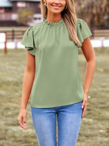 Women's Summer Satin Blouse Shirt Dressy Casual Ruffle Short Sleeve Crewneck Work Party Tops - 薄荷綠 - 查看 5