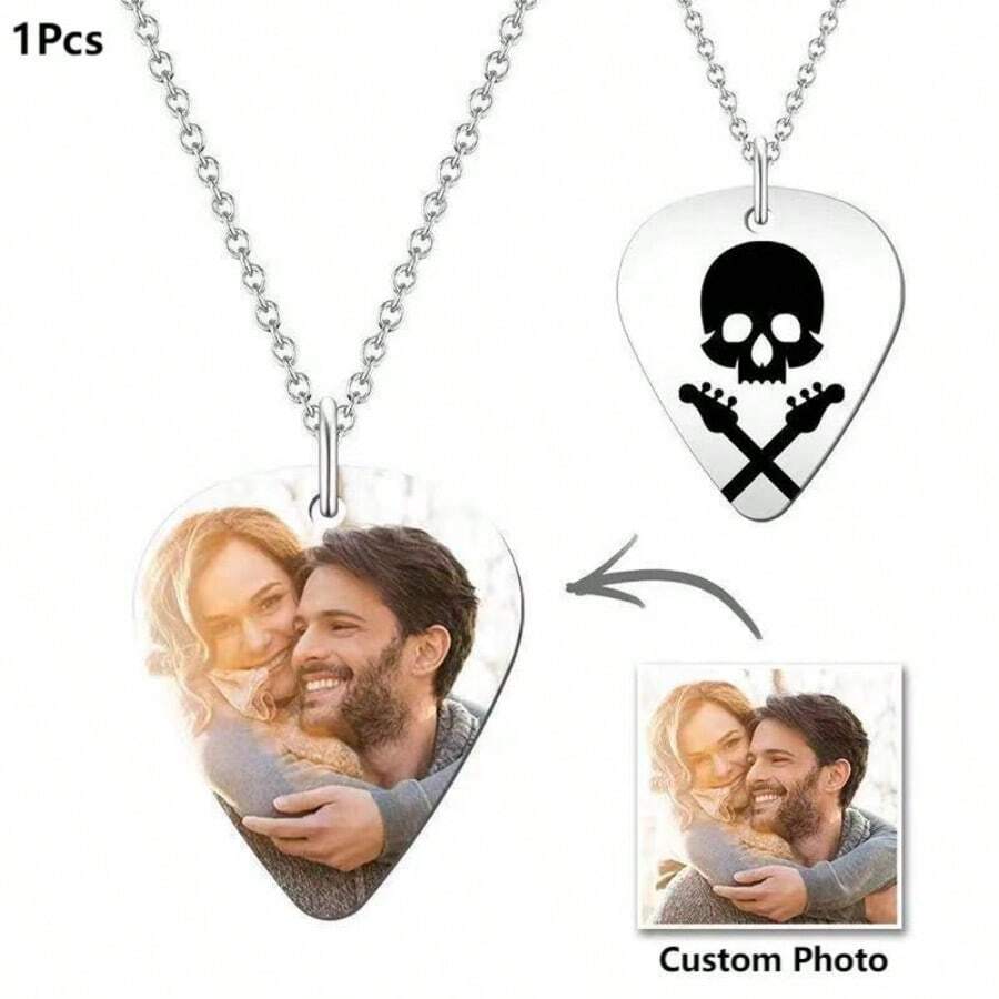 Custom Personalized Guitar Pick Necklace Personalized Customized Couple Photos Engraved Text Pattern With Guitar New Jewelry Accessories For Valentine's Day Gifts - White - View 1