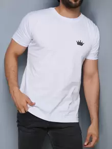 Camiseta Masculina Basica Coroa Manga Curta Casual Verão Camisa 100% algodão - Branco - Visão 1