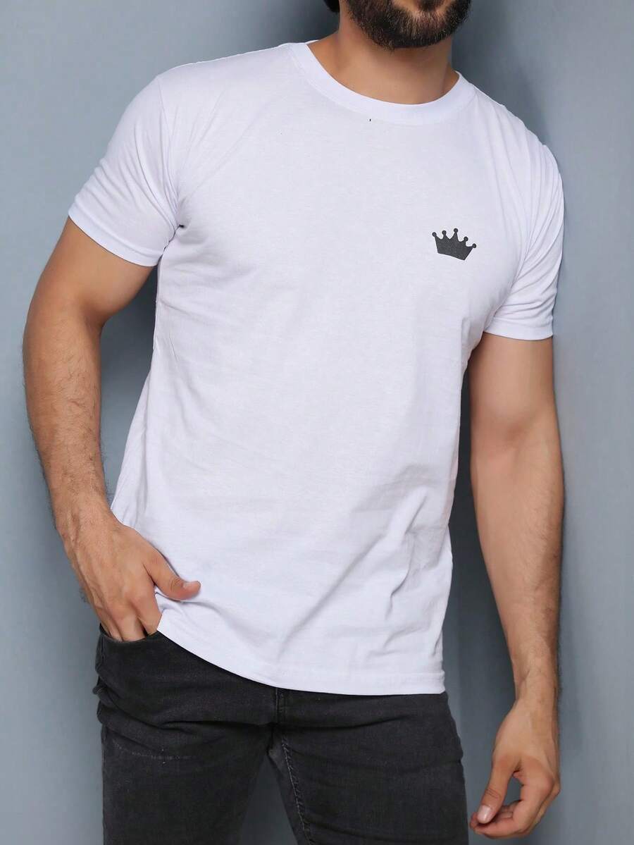 Camiseta Masculina Basica Coroa Manga Curta Casual Verão Camisa 100% algodão - Branco - Visão 1