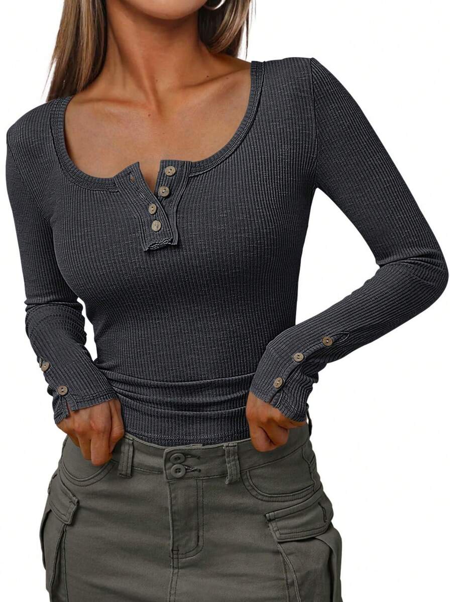 MISIFI Women's Long-Sleeved Casual Fall Top Button Ribbed Basic Shirt - màu xám đen - Xem 1