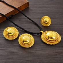3pcs/Set Classic Golden Color African Style Jewelry Set: Pendant Necklace, Ring, Earrings, Bride Accessories For African Wedding, Gift - A - View 2