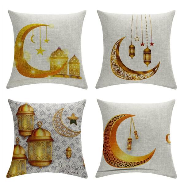 2pcs (Pillow Cover Only, No Insert) Ramadan Moon & Star Lantern Pattern Decorative Linen Square Pillow Covers, Home Decor For Living Room Sofa Bedroom