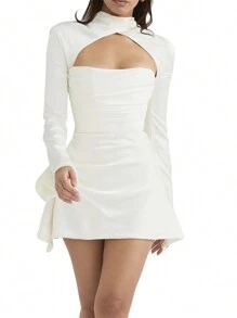 Women's Slim Dress, Flare Long Sleeve Hollow Out Backless Solid Color Ruched Skinny Mini Dresses - White - View 1