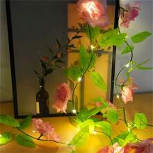 1 pieza Luces decorativas de cuerda con rosa rosa artificial LED, adecuado para fiesta de cumpleaños, dormitorio, fiesta, boda, Día de la Madre, Día de San Valentín, decoración estacional, hogar, chimenea, escalera, cortina, decoración con flores artificiales, 2M 20 luces