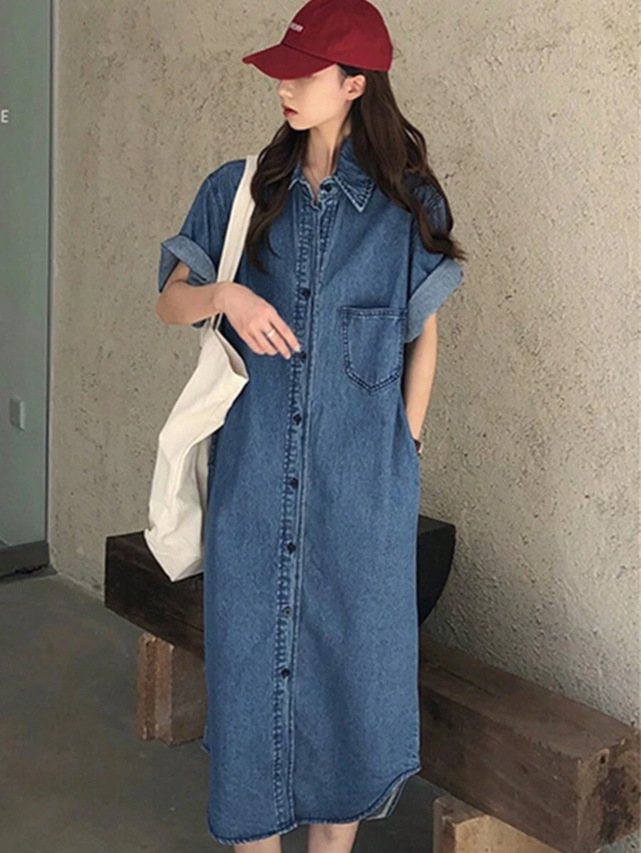 Jade Hare Women's Casual Single Breasted Denim Dresses Lapel Rolled Sleeve Shirt Dresses - 藍色 - 查看 1