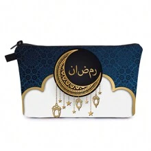 1pc Bolsa de maquiagem impressa Eid Mubarak do Oriente Médio, material macio com abertura com zíper, organizador de cosméticos de viagem portátil, presente de festival para mulheres e meninas