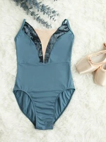 DonsGirl 1pc Women's Ballet Leotard - Velvet Patchwork V-Neck High Slit Design, Professional Gymnastics And Figure Skating Performance Wear - Blue - View 8