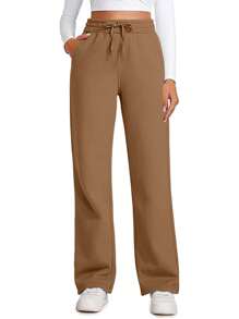 1 Piece Women's Wide-Leg Straight-Leg Sweatpants Khaki - 100% Polyester, Comfortable And Casual, With Pockets And Drawstrings, Suitable For Outdoor And Sports, Can Be Worn In All Seasons - Khaki - View 7