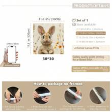 1 件，帆布挂画，带框装饰画，30*30 厘米方形海报，复活节兔子海报，野花田野中的春兔绘画，复活节印刷品，农舍兔子绘画，方形印刷品，乡村小屋装饰，动物墙壁艺术