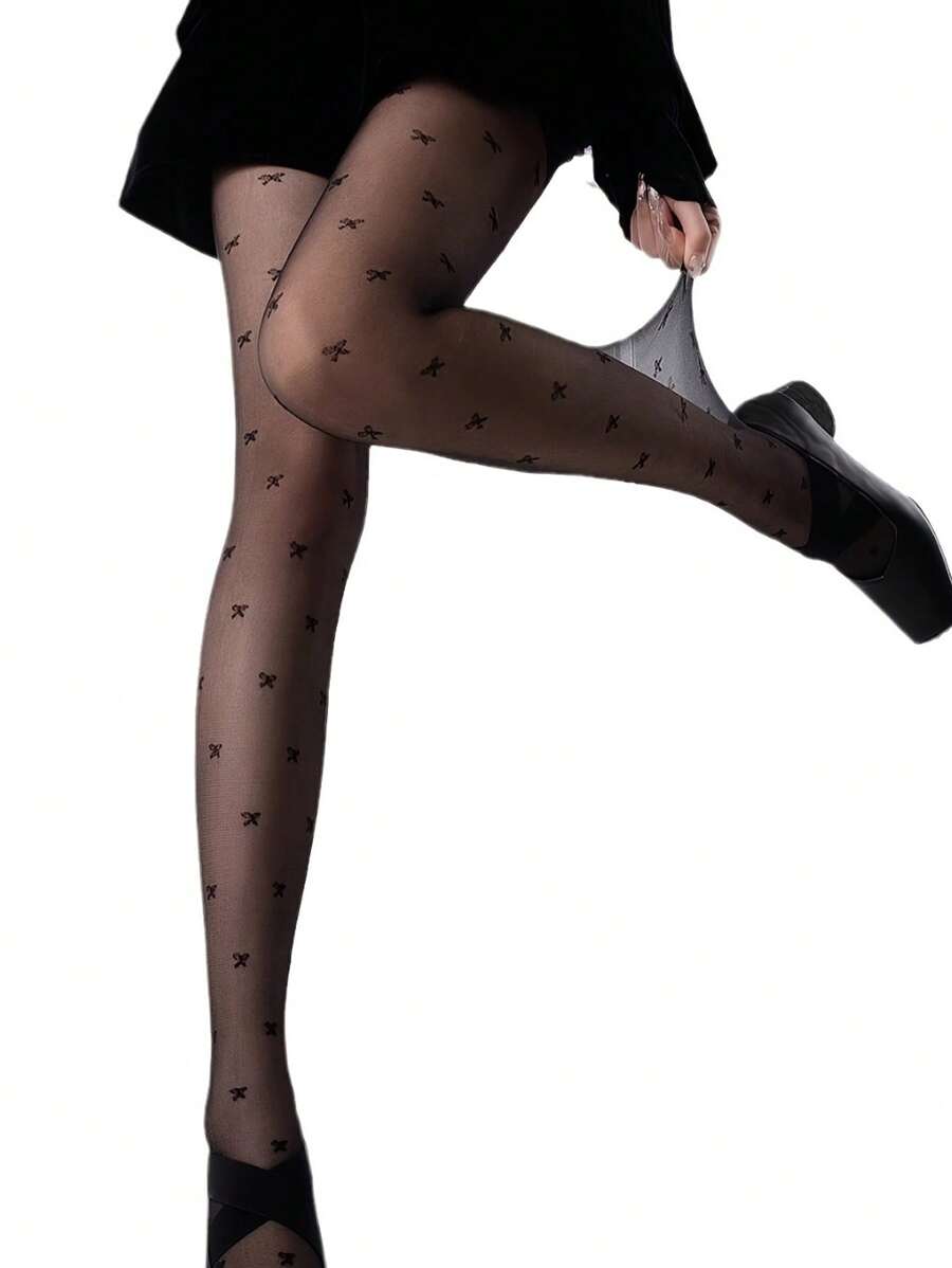 1 条女士蝴蝶结优雅连裤袜，透明薄款紧身裤 - 黑色 - 查看 1