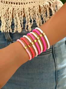 7pcs/Set Bohemian Style Random Pink Mixed Color Soft Clay Heart Beaded Stackable Bracelets Set, Suitable For Gift Giving And Daily Matching - Multicolor - View 5