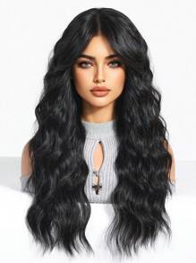 24-Inch Long Black Wavy Wigs For Women Black Curly Wigs With Air Bangs Water Wave Wig Synthetic Heat Resistant Fiber Wig For Daily Party Use - Black - View 4