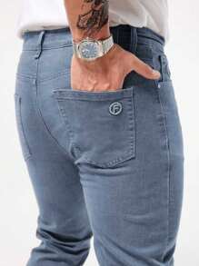 Jeans Masculina Slim Fit de Perna Reta de Cor Sólida, Calça Casual Versátil e da Moda - Cinza - Visão 8