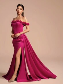 Romantisches elegantes 3D Blumen Bardot Tailliertes Meerjungfrauen Abendkleid, seitlicher Schlitz geeignet für Partys und formelle Anlässe